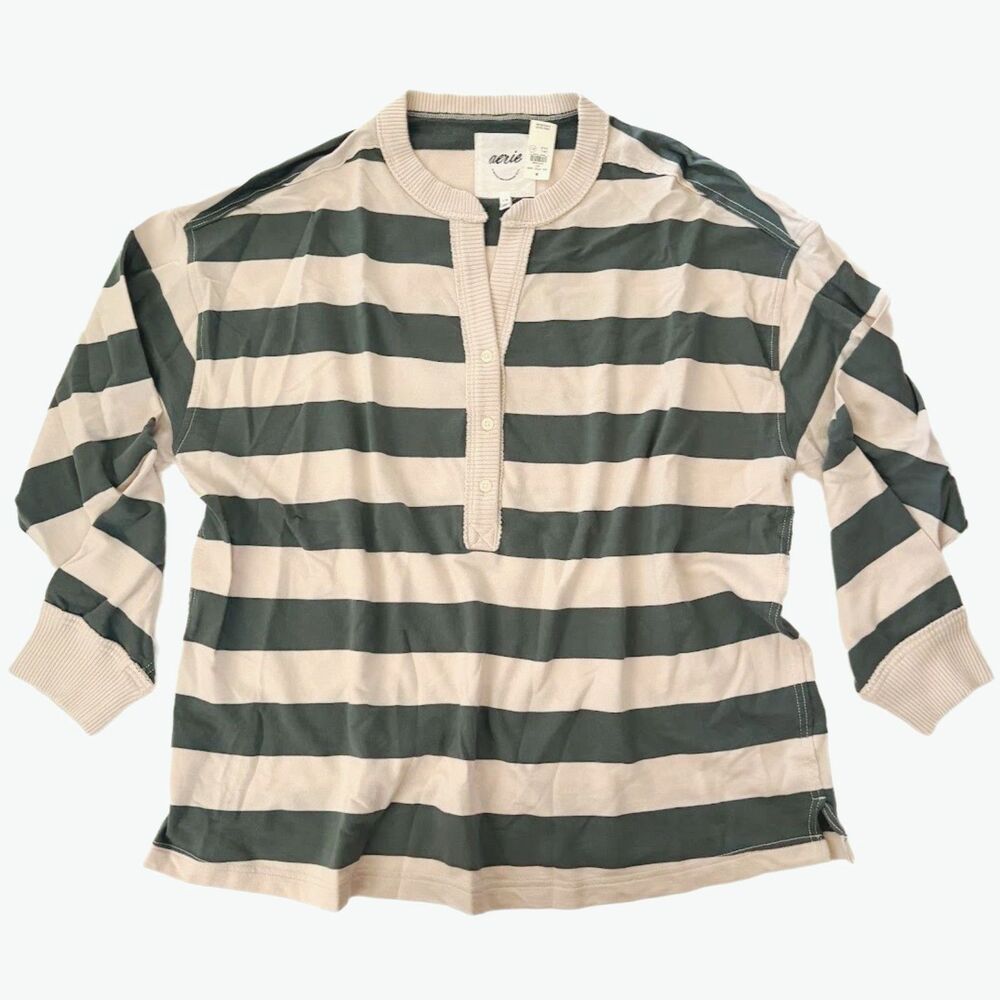 NEW Aerie Womens L Sweatshirt Henley shirt Poolside Terry green beige stripe top